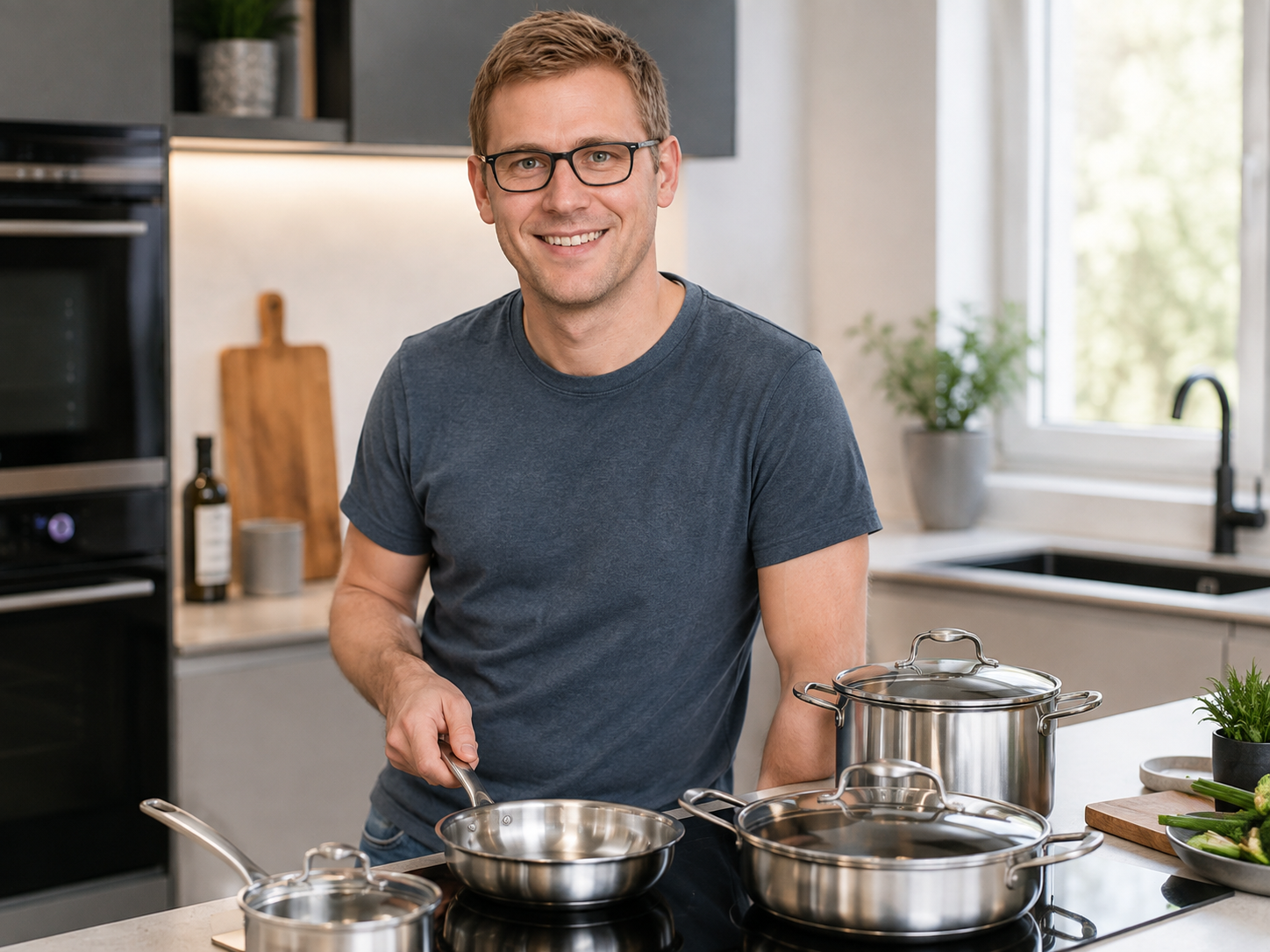 Leamon Warner in a modern kitchen with stainless-steel cookware
